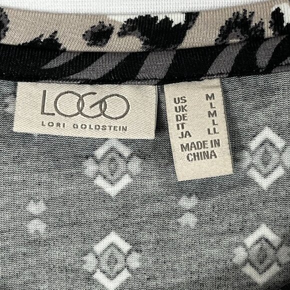 LOGO Lori Goldstein Long Sleeve Mixed Print Black Knit‎ Tunic Blouse Size Medium - Picture 3 of 9